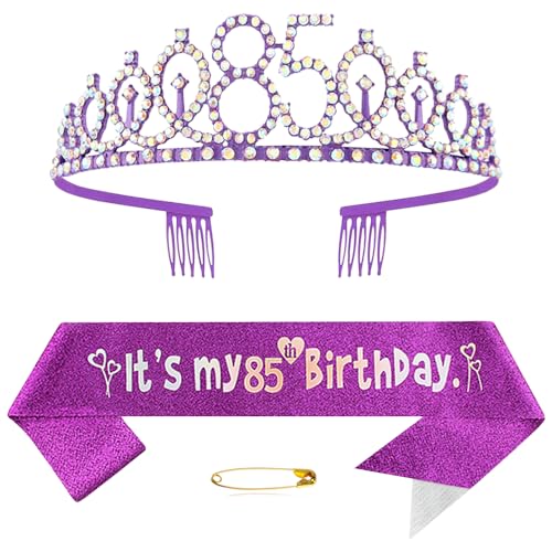 85. Geburtstags Krone und Schärpe für Damen Kristall Queen Tiara Princess Crown Lila Birthday Schärpe 85th Geburtstagskrone Frau Geburtstagsschärpe Frauen Geburtstag Dekoration Geburtstagsgeschenk von Yijunmca