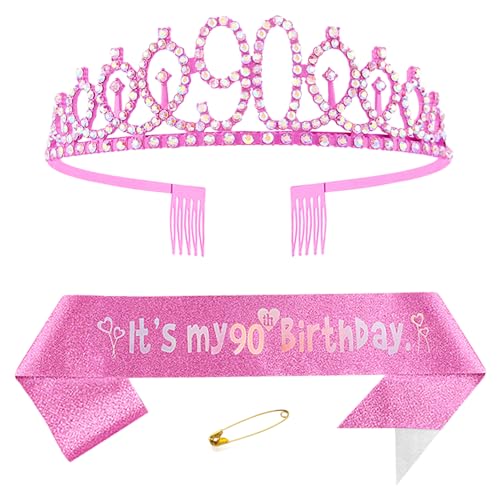 90. Geburtstags Krone und Schärpe für Damen Kristall Queen Tiara Princess Crown Rosa Birthday Schärpe 90th Geburtstagskrone Frau Geburtstagsschärpe Frauen Geburtstag Dekoration Geburtstagsgeschenk von Yijunmca