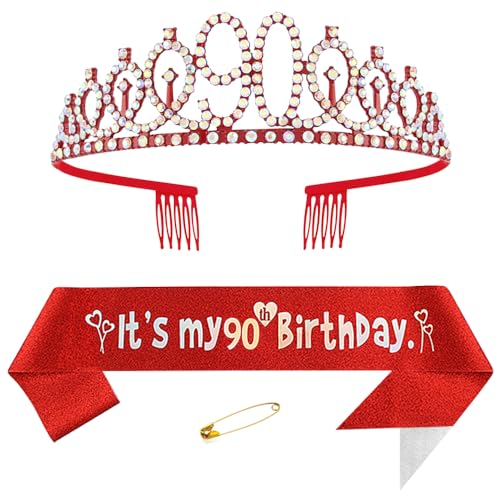 90. Geburtstags Krone und Schärpe für Damen Kristall Queen Tiara Princess Crown Rot Birthday Schärpe 90th Geburtstagskrone Frau Geburtstagsschärpe Frauen Geburtstag Dekoration Geburtstagsgeschenk von Yijunmca