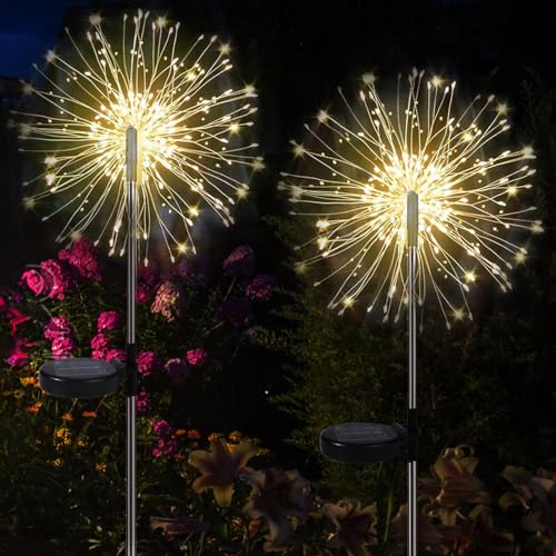 2 Stück Solar Gartendeko 120 LED Solarleuchten Feuerwerk 8 Modi Solarleuchten Feuerwerk Solar Gartenleuchten Gold Edelstahl Werbeschraube Nagel Schilder Abstandshalter Schilderhalter von YiliYa