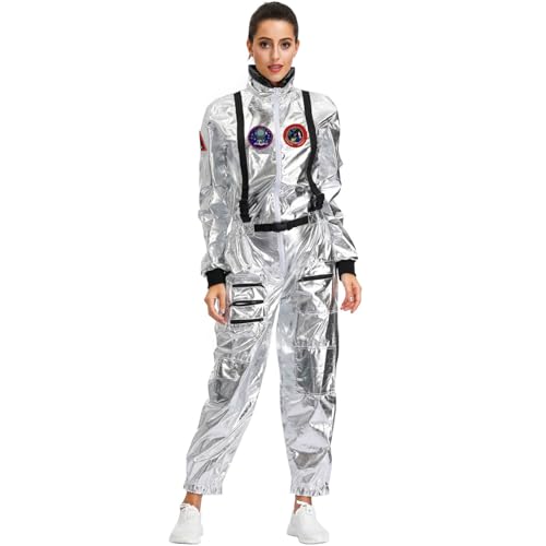 Yililay Weltraumanzug, Astronauten Kostüm für Erwachsene, weiches Polyester -Raumkostüm, Mode Silber -Raumanzug, kreative Außerkostüme für Frauen mit Kostüm Cosplay, L. von Yililay