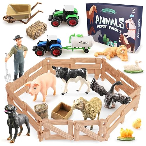 Yilingchild Bauernhof Spielzeug ab 3 Jahre，Tiere mit Traktor-Spielzeug, Realistische Miniatur Tiere Figuren mit Zäune, Tortendekoration Kinder Jungen Mädchen von Yilingchild