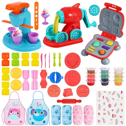 Yimomoyi 56 Stück Knete Dough Set für Kinder, Knete Eismaschine, Burgermaschine Knetset mit Knetwerkzeug und 12 Dosen Knete, Knete Zubehör mit Ärmel und Schürzen, Spielzeug Geschenk Knete ab 3 Jahre von Yimomoyi