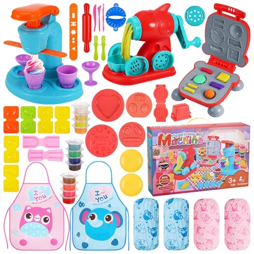 Yimomoyi 56 Stück Knete Dough Set für Kinder, Knete Eismaschine, Burgermaschine Knetset mit Knetwerkzeug und 12 Dosen Knete, Knete Zubehör mit Ärmel und Schürzen, Spielzeug Geschenk Knete ab 3 Jahre von Yimomoyi