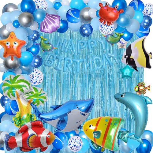 YinQin 176 Stück Blaue Ozean Geburtstagsparty Ballons mit Pumpe Blau Ozean Thema Geburtstag Dekorationen Happy Birthday Ballon Hai Geburtstagsballon Kinder Geburtstag Luftballons Deko Supplies von YinQin