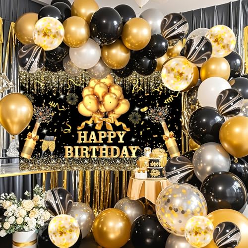 YinQin 63 Stück Schwarz Gold Geburtstag Luftballons mit Fotohintergründen Schwarz Golden Silber Geburtstag Ballons Dekorationen Happy Birthday Party Supplies für Männer Frauen von YinQin