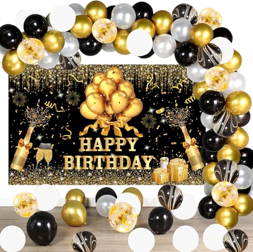 YinQin 63 Stück Schwarz Gold Geburtstag Luftballons mit Fotohintergründen Schwarz Golden Silber Geburtstag Ballons Dekorationen Happy Birthday Party Supplies für Männer Frauen von YinQin