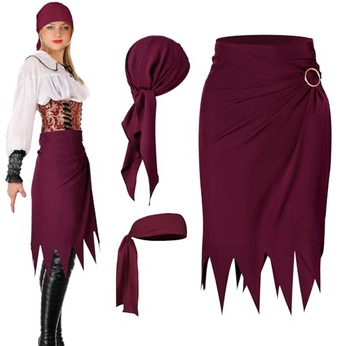 Yinder Halloween-Piratenkostüm für Damen, Piratenrock, Piraten-Stirnband, Bandana, Zubehör, Cosplay-Kostüm für Männer und Frauen, Weinrot, M von Yinder