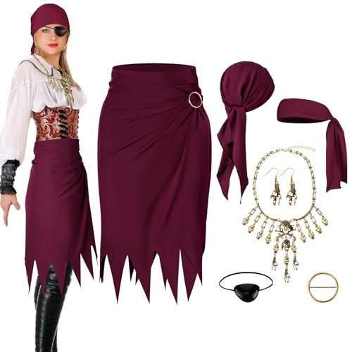 Yinder Piratenkostüm-Zubehör für Damen, Set mit Piratenhut, Piratenkopftuch, Piraten-Schärpe, Gürtel, Kleid, Zubehör für Party, Rot, Schwarz, rot, schwarz, 39.5"-47.2". von Yinder