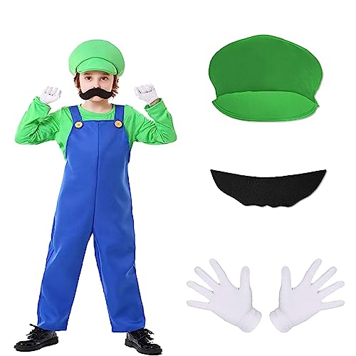 Yiomrmery 4 Stück Bros Kostüm Set für Erwachsenen Kinder, Super Brothers klassisches Klempner Outfit Cosplay Halloween Kostüm für Weihnachten Karneval Fancy Dress (Grün-Kinder, L) von Yiomrmery