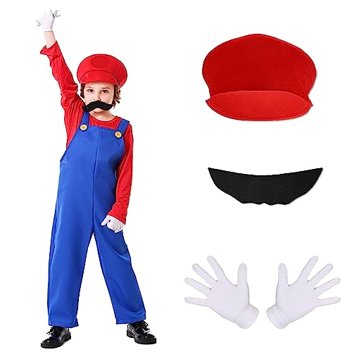 Yiomrmery 4 Stück Bros Kostüm Set für Erwachsenen Kinder, Super Brothers klassisches Klempner Outfit Cosplay Halloween Kostüm für Weihnachten Karneval Fancy Dress (Rot-Kinder, L) von Yiomrmery