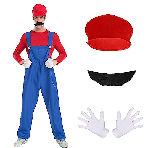 Yiomrmery 4 Stück Bros Kostüm Set für Erwachsenen Kinder, Super Brothers klassisches Klempner Outfit Cosplay Halloween Kostüm für Weihnachten Karneval Fancy Dress (Rote Erwachsene, S) von Yiomrmery