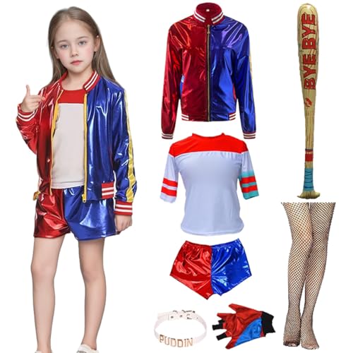 Yiomrmery Halloween Cosplay Kostüme für Erwachsene Kinder, Rot Blau Kostüm mit Handschuhe, Jacke, T-Shirt, Shorts für Halloween Weihnachten Karneval (Kinder, 110) von Yiomrmery