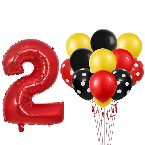 Luftballons Deko 2. Geburtstag Mädchen Junge, Luftballons Zahlen 2 Rot 32 Zoll, Kindergeburtstag Luftballons Schwarz 18 Zoll und Schwarze Rote Gelbe Polka Dot Latexballon von Yiran