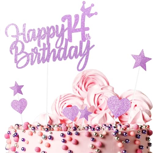 Yiran 7Stück Happy 14th Birthday Cake Topper Kuchendeko Dekoration. Doppelseitig Geburtstag Mädchen Rosa Tortendeko 14 Geburtstag Mit Herz Stern Glitter Cake Topper für 14 Geburtsta von Yiran