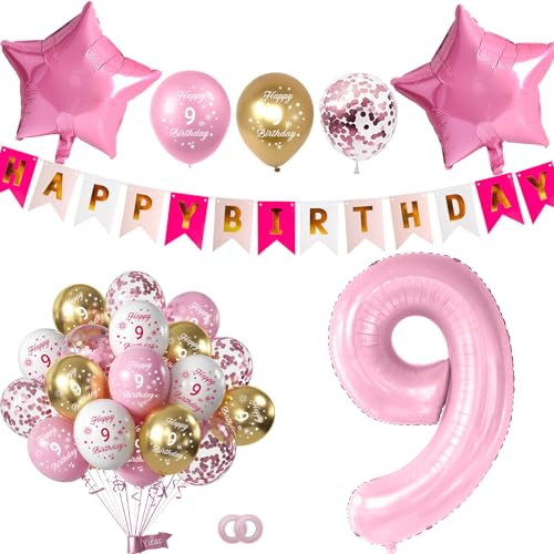 Rosa Dekoration zum 9. Geburtstag für Mädchen, einschließlich Happy Birthday Banner, Folienballon Zahl 9, 2 Stück Sternballons und 16 Stück Happy 9th Birthday Konfetti Latexballons, Mädchen Geburtstag von Yiran