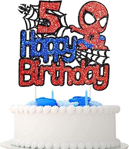 Spiderman Tortendeko 5 Geburtstag, Happy Birthday Tortendek， Superhelden Cake Topper, Doppelseitiger Glitter Kindergeburtstag Kuchen Deko für Mädchen Junge Baby von Yiran