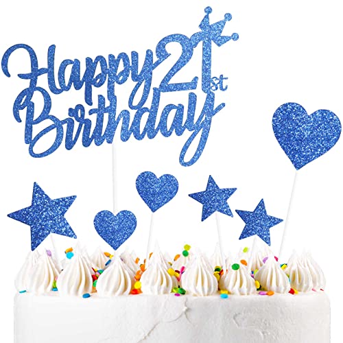 Yiran 7Stück Happy 21th Birthday Cake Topper Kuchendeko Dekoration. Doppelseitig Geburtstag Jungen und Mädchen Blau Tortendeko 21 Geburtstag Mit Herz Stern Glitter Cake Topper für 21 Geburtstag von Yiran