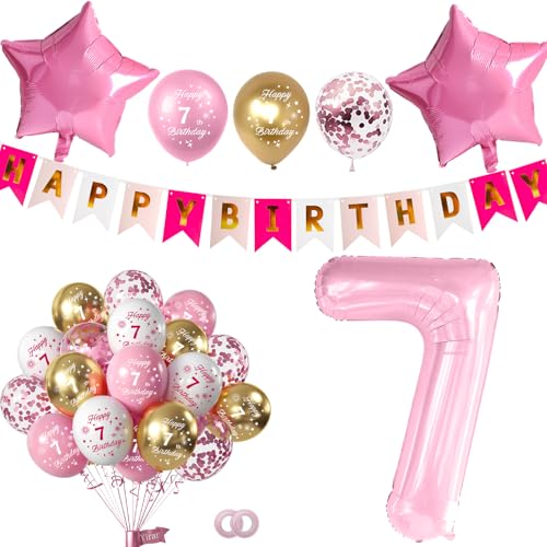 Yiran Dekoration für Mädchen zum 7. Geburtstag, Luftballons für Mädchen, rosa Luftballons zum 7. Geburtstag mit "Happy Birthday"-Banner für 7 Jahre, Ballon Nummer 7, Partyzubehör für Mädchen von Yiran