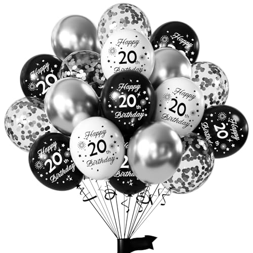 Yiran Luftballons 20 Geburtstag Frauen Mann, 16 Stück Deko 20. Geburtstag Luftballons Schwarz Weiß Silber, 12 Zoll Happy Birthday Deko Balloons, Schwarz Luftballons 20. Geburtstag Party Deko von Yiran