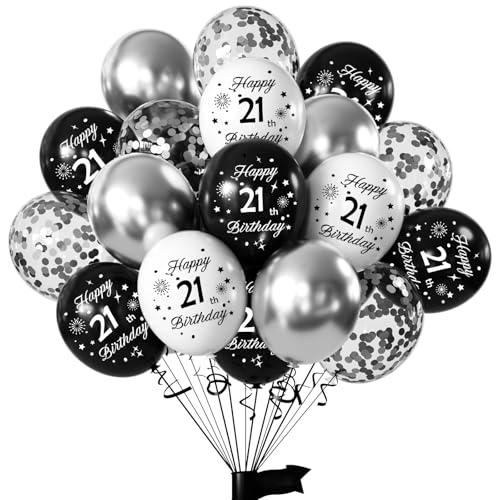 Yiran Luftballons 21 Geburtstag Frauen Mann, 16 Stück Deko 21. Geburtstag Luftballons Schwarz Weiß Silber, 12 Zoll Happy Birthday Deko Balloons, Schwarz Luftballons 21. Geburtstag Party Deko von Yiran