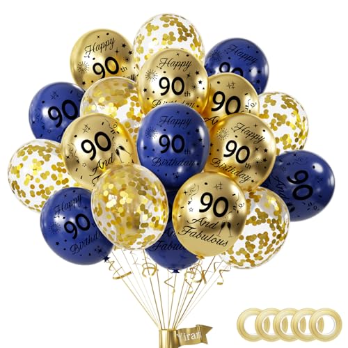 Yiran Luftballons 90 Geburtstag Deko, 15 Stück 90.Geburtstag Junge Mädchen Blau Gold Deko, Happy Birthday Ballons Blau Gold Deko, Deko 90.Geburtstag Konfetti Luftballons, Birthday Party Deko von Yiran