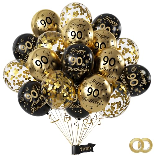 Yiran Luftballons 90.Geburtstag Deko,15 Stück 90.Geburtstag Junge Mädchen Schwarz Gold Deko, Happy Birthday Ballons Schwarz Gold Deko, Deko 90.Geburtstag Konfetti Luftballons, Birthday Party Deko von Yiran