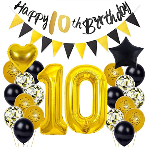 10 Geburtstag Deko, 10. Geburtstag Junge Mädchen, 10 Jahr Geburtstagdeko, Happy Birthday Girlande 10. Ballon Schwarz Gold Deko, Deko 10. Geburtstag Konfetti Luftballons 10. Geburtstagdeko von Yishamei