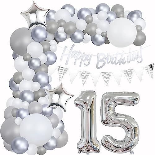 15 Geburtstag Dekoration Grau Ballon Girlande Silber Weiß Deko 15. Geburtstag Mädchen 15. Luftballons Girlande Grau Silber 15 Geburtstag Deko Junge Grau Weiß 15 Jahre Geburtstag Luftballons von Yishamei