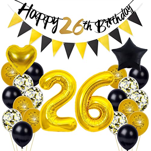 26 Geburtstag Deko, 26. Geburtstag Mann Frau 26 Jahr Geburtstagdeko, Happy Birthday Girlande 26. Ballon Schwarz Gold Deko, Deko 26. Geburtstag Konfetti Luftballons 26. Geburtstagdeko von Yishamei