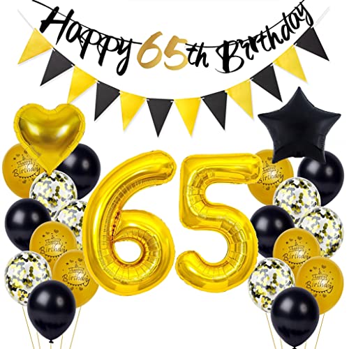 65 Geburtstag Deko, 65. Geburtstag Mann Frau 65 Jahr Geburtstagdeko, Happy Birthday Girlande 65. Ballon Schwarz Gold Deko, Deko 65. Geburtstag Konfetti Luftballons 65. Geburtstagdeko von Yishamei