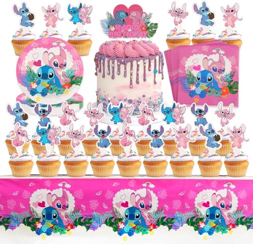 56PCS Rosa Stitch Party Supplies, Cake Topper Geburtstags party Besteck PartyzubehöR Set Kinder Geburtstag Partygeschirr Geburtstag Party Deko Geburtstag Deko Kinder Party Supplies Dekoration von Yisscen