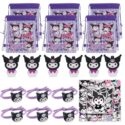 68Pcs Kuromi Kindergeburtstag Party Mitgebsel Set, 6 Sanrio Kordelzug Party Tasche, 6 Schlüsselanhänger, 6 Haargummis Mädchen, 50 Aufkleber für Kinder, Partytüten, für Kinder Geschenke Partyzubehör von Yisscen