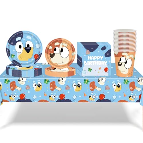 69Pcs Bluey Partygeschirr Geburtstag, B-luey Kindergeburtstag Tischdeko, Teller Becher Servietten Tischdecke, Kindergeburtstag Partei Dekoration Set, Party Deko Geburtstag Theme Geschirr von Yisscen