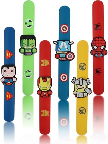 6PCS Superhelden Schnapparmband Kinder, Spider-man Geburtstag Mitgebsel Snap Armbänder Party Bag Füllstoffe Kinder Snap Armbänder mit Abzeichen Silikon Wristband für Kinder Jungen Mädchen Birthday von Yisscen