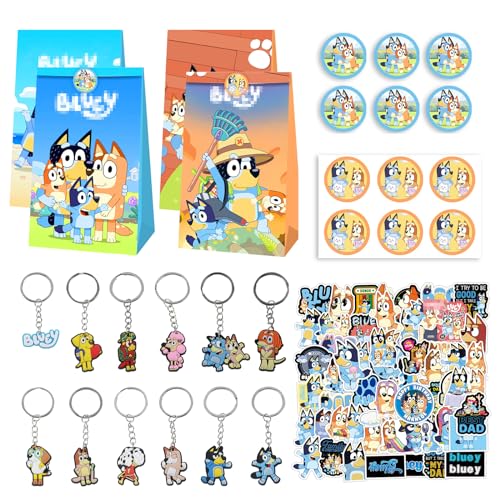 74Pcs Blue-y Kindergeburtstag Mitgebsel, Blue Party Geburtstagsdeko, 12 Geschenktüten+12 Schlüsselanhänger+50 Aufkleber, Blue-y Papiertüten Partytüten Tüten Sticker für Kinder Geschenke Party Zubehör von Yisscen