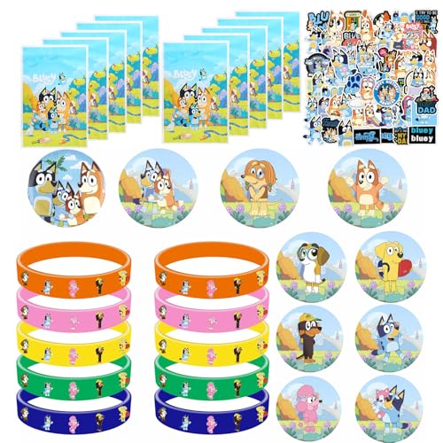 80 Stück Blue-y Party Mitgebsel Set, 10 Geschenktüten + 10 Silikon-Armband + 10 Abzeichen + 50 Aufkleber, Bluey Kindergeburtstag Give Aways, für Jungen Mädchen Party Geschenk Dekoration Supplies von Yisscen