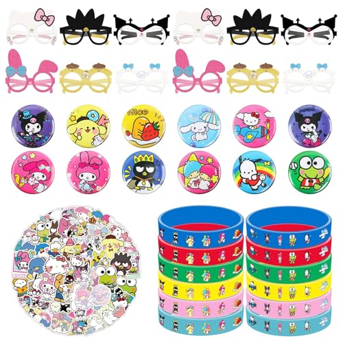 86 Stück Kuromi Sanrio Geburtstag Mitgebsel Kinder - Kuromi Sanrio Anime Sticker Silikonarmband Abzeichen Papierbrille, für Kuromi Geburtstag Party Deko von Yisscen