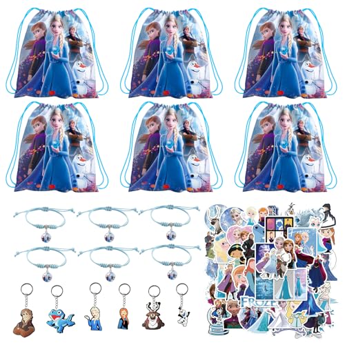 Frozen Kindergeburtstag Party Mitgebsel Set, 6 Kordelzug Party Tasche, 6 Schlüsselanhänger, 6 Geflochtenes Armband, 50 Aufkleber für Kinder, Princesses Partytüten, für Kinder Geschenke Partyzubehör von Yisscen