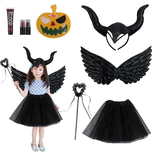 Kinder Teufel Kostüm Set, Halloween Teufel Kostüm Damen mit Böse Königin Hörner Haarreif, Mädchen Schwarz Tutu Rock, Zauberstab, Teufelsflügel, Make up Set, für Halloween Cosplay Karneval Party von Yisscen