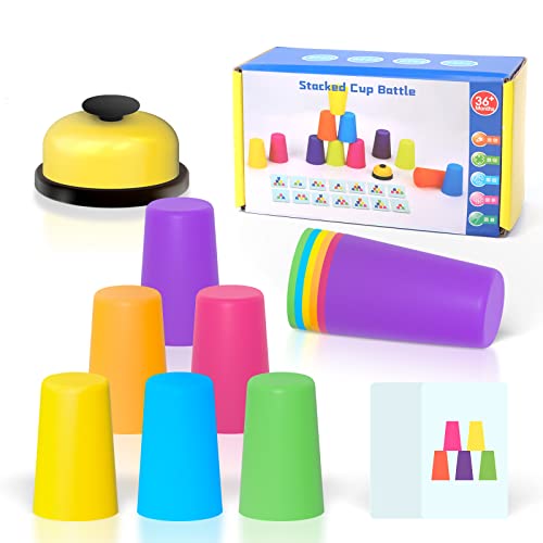 Sport Stapelbecher,Quick Stacks Cups Kinder und Erwachsene,Mit 12 Speed ​​Cups,50 Karten und 1 Klingel anrufen,Becher Stapeln Training Stapelbecher Speed Party Spielzeug Set,Kinder Stapelbecherspiel von Yisscen