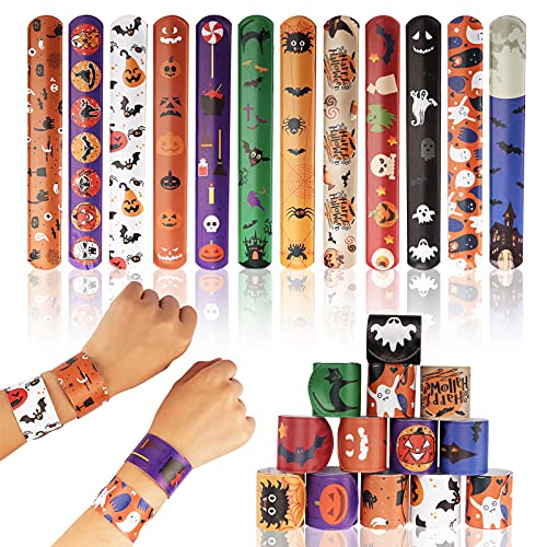 Yisscen 48 Stück Halloween Slap Armbänder, Bunte Schnapparmbänder, Halloween Partyzubehör, Slap Bands Halloween Party Mitgebsel, Slap Armband zum Kindergeburtstag Party für Jungen Mädchen von Yisscen