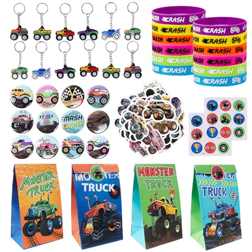 Yisscen 98 Stück Monster Truck Party Mitgebsel, Inklusive Monster Truck Geschenktüten Silikon-Armband Abzeichen Schlüsselanhänger Aufkleber für monster truck geburtstag, monster truck deko geburtstag von Yisscen