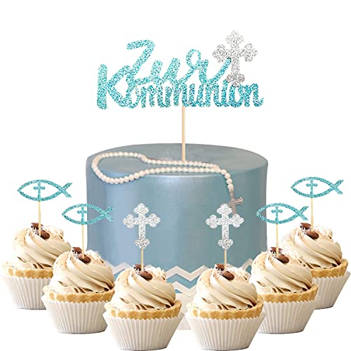 13 Stück Zur Kommunion Torten Topper,Junge Taufe Tortendeko Fische Streudeko Kreuz Kuchendekoration Taufe Kuchendekoration Taufe Cupcake Dekoration für Junge (Blau) von Yitla