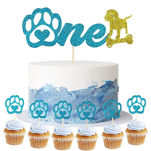 Hunde Geburtstag Kuchen deko Hunde Paw Tortendeko 1 Geburtstag Baby Cake Topper Mädchen Kuchen deko Geburtstag Hunde Deko Muffin deko für Kinder Hunde Party Dekorationen (One Blau) von Yitla