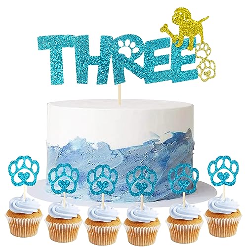 Hunde Geburtstag Kuchen deko Hunde Paw Tortendeko 3 Geburtstag Baby Cake Topper Mädchen Kuchen deko Geburtstag Hunde Deko Muffin deko für Kinder Hunde Party Dekorationen (Three Blau) von Yitla