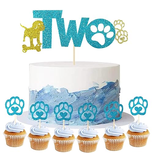 Hunde Geburtstag Kuchen deko Hunde Paw Tortendeko 2 Geburtstag Baby Cake Topper Mädchen Kuchen deko Geburtstag Hunde Deko Muffin deko für Kinder Hunde Party Dekorationen (Two Blau) von Yitla