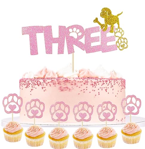 Hunde Geburtstag Kuchen deko Hunde Paw Tortendeko 3 Geburtstag Baby Cake Topper Mädchen Kuchen deko Geburtstag Hunde Deko Muffin deko für Kinder Hunde Party Dekorationen (Three Rosa) von Yitla