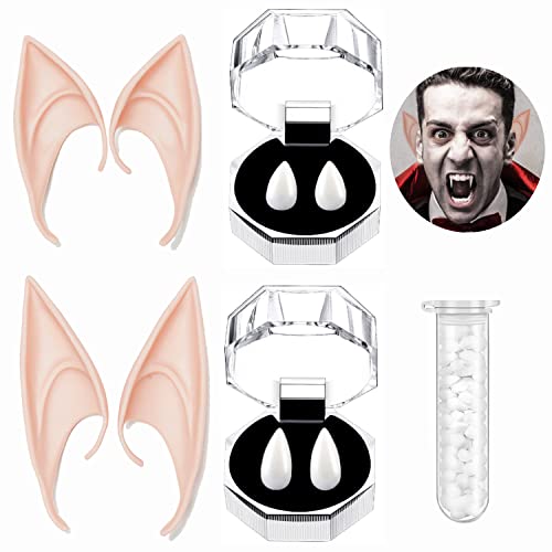 Yitla Halloween Vampir Cosplay Zubehör: 2 Paar Elfenohren (10cm, 12cm) + 2 Paar Vampir Zähne (1.5cm, 1.9cm) für Kinder, Teenager und Erwachsene von Yitla