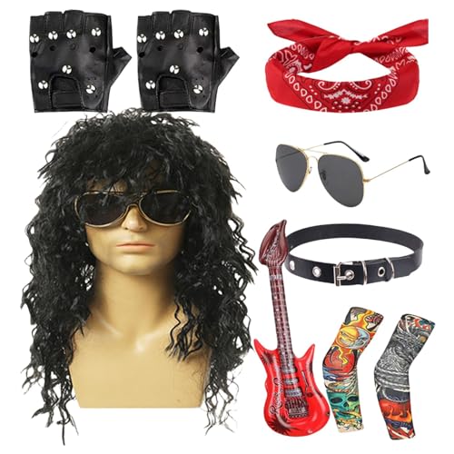 Yiurse 80er Jahre Rocker Kostüm, Rocker Kostüm Herren - Metal Disco Kostüm Herren Hippie Perücke,9-teiliges Herren-Hippie-Perücke mit Bandana-Sonnenbrille, 70er- und 80er-Jahre-Rocker-Perücken, von Yiurse